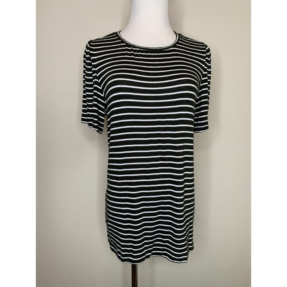 LOFT Black White Striped Puff Sleeve Sweater Sz Medium